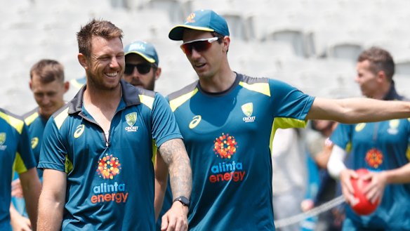 James Pattinson and Pat Cummins during an Australian nets session in 2019. 