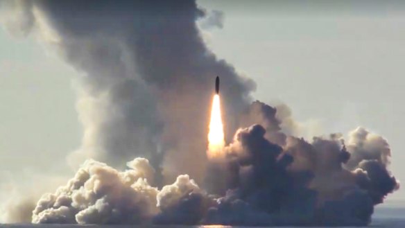 The Russian nuclear submarine Yuri Dolgoruky test-fires the Bulava missiles from the White Sea in 2018. 