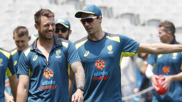 James Pattinson and Pat Cummins during an Australian nets session in 2019. 