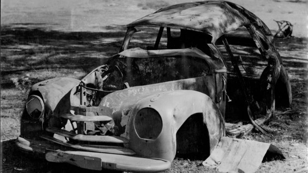The burnt shell of Petrov's beloved Skoda, which he crashed near Royalla in 1953.