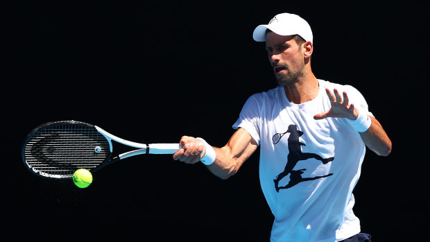 Novak Djokovic in action in a hit-up with Daniil Medvedev.