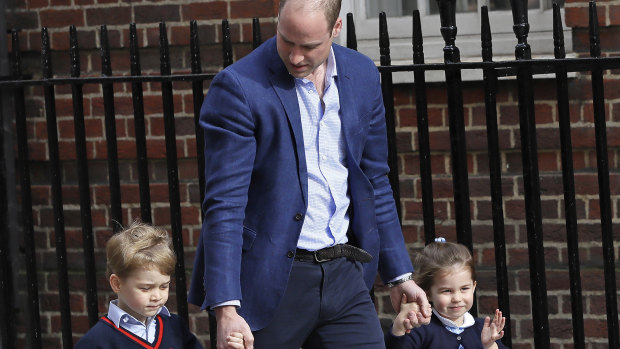 Prince William arrives with Prince George and Princess Charlotte to meet their new baby brother.