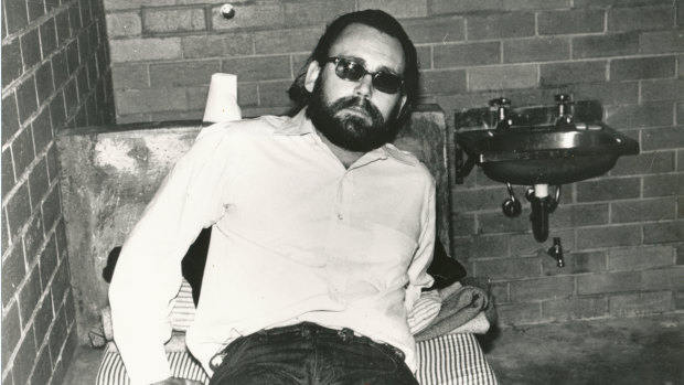 James Patton Brandes, aka "Sleepy Jim" or "Jim-Jim", was sent from the US to Australia by the Hell's Angels to kill policeman Bob Armstrong. Seen here after being detained at the airport in August 1982. 