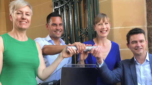 Cross-party harm minimisation roundtable:  Cate Faehrmann MLC (left); NSW Greens; Alex Greenwich MP, Independent; Member for Sydney; Jo Haylen MP, Labor; Member for Summer Hill; Shayne Mallard Liberal Party.