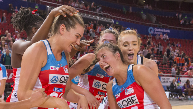 Confidence booster: The NSW Swifts celebrate their big win last weekend.