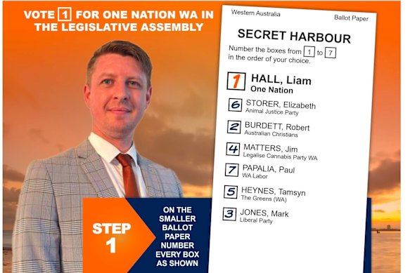 Liam Hall’s how-to-vote card in the 2025 WA election.