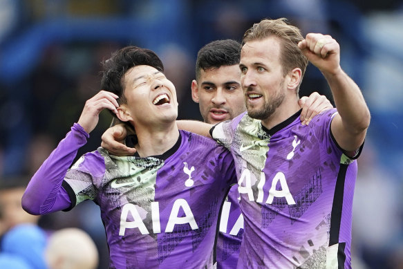 Tottenham Hotspur’s Son Heung-min celebrates with Harry Kane.