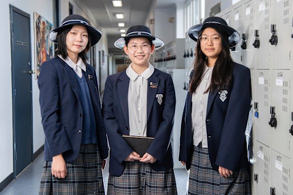 Strathfield Girls High School international students Liwon Ahn,  Yashan Liang and Changyue Liu.