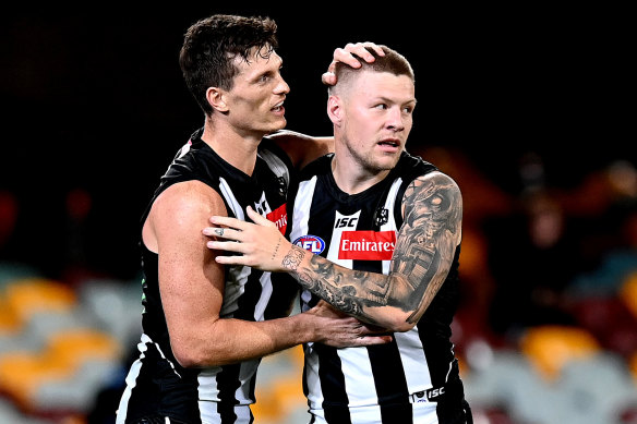 Jordan De Goey (right) was a welcome return for the Pies.