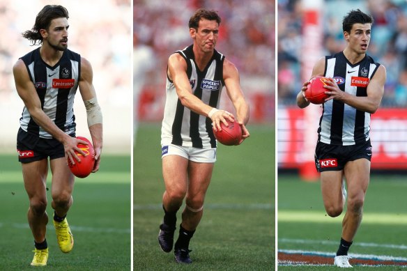 Josh Daicos (left) and Nick (right) have followed in the footsteps of their famous father, Peter (middle), at Collingwood. 