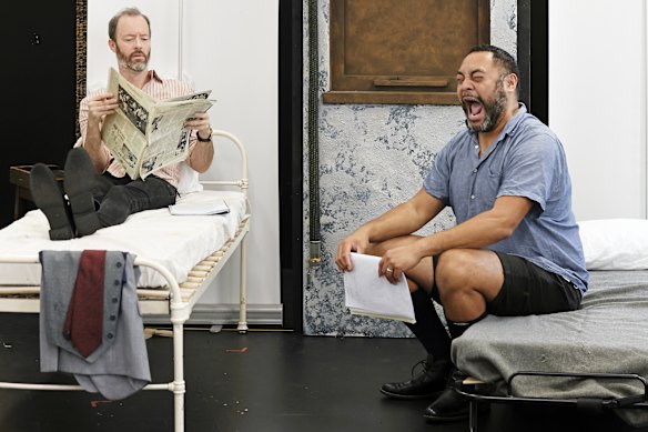Gareth Davies and Anthony Taufa as two hapless hitmen in rehearsals for The Dumb Waiter.