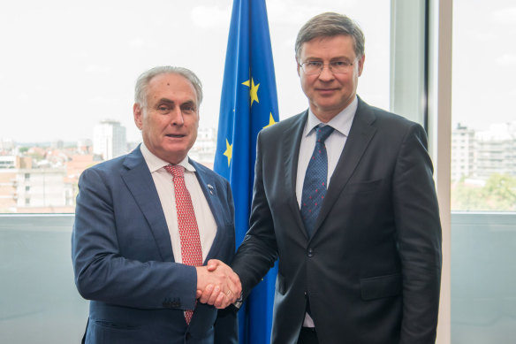 Trade Minister Don Farrell (left) with European Commissioner for Trade Valdis Dombrovskis in Brussels last month.