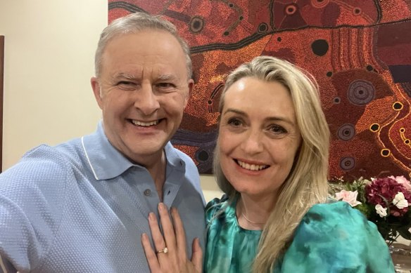 Prime Minister Anthony Albanese and partner Jodie Haydon in the Morrison dress with her engagement ring.
