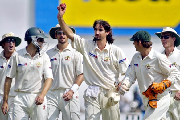 Jason Gillespie salutes the crowd after taking five wickets on a Nagpur pitch made to order for him in 2004.