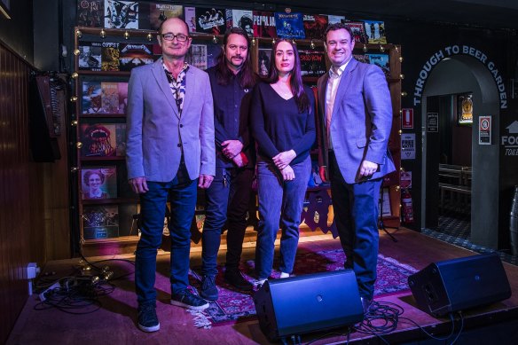 Jobs and Investment Minister Stuart Ayres with, Dave Faulkner, Trad Nathan and Tyla Dombroski at Crowbar on Saturday.