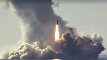 The Russian nuclear submarine Yuri Dolgoruky test-fires the Bulava missiles from the White Sea in 2018. 