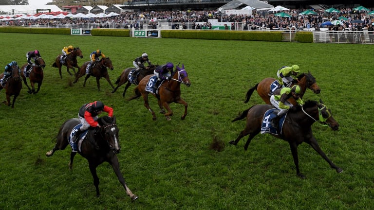 Hitting the heights:  Adam Hyeronimus drives Belflyer through on the inside to win the Kosciuszko.