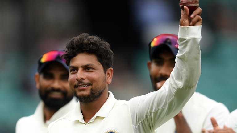 Star turn: Kuldeep Yadev gestures as he leaves the field after taking his fifth wicket.