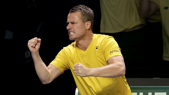 This page: Lleyton Hewitt cheers on his team at the 2023 Davis Cup.