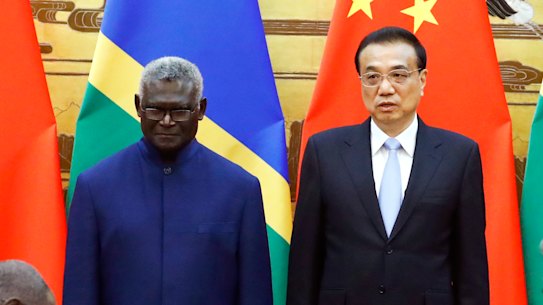 Solomon Islands Prime Minister Manasseh Sogavare and Chinese Premier Li Keqiang in Beijing in 2019.
