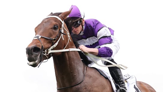 Riff Rocket ridden by James McDonald wins the ABC Bullion Super Impose Stakes at Flemington earlier this month, a victory that helped confirm its status as a favourite for the VRC Derby.