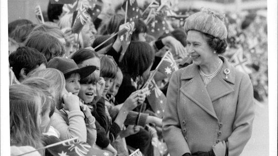 The Queen talks to some of the children who welcomed her to Melbourne