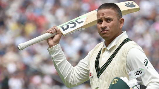 Centurion Usman Khawaja acknowledges the crowd after he was out for 141 in the first Ashes Test at Edgbaston.