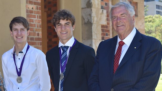 The bees knees: Education Minister Sue Ellery with Beazley medal winners Luke de Laeter and Josh Green, together with Governor Kim Beazley.