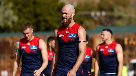 Max Gawn leads the Demons off the field after being thrashed by Fremantle.