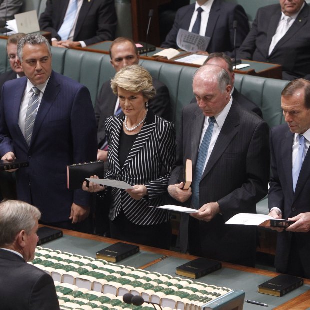 Christopher Pyne, Joe Hockey, Julie Bishop, Warren Truss and Tony Abbott are sworn-in after the Coalition's 2013 election win. Pyne is the only one left on the frontbench.