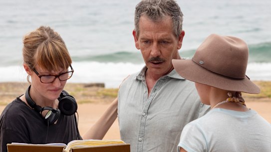 Ben Mendelsohn with director Shannon Murphy (left) and Eliza Scanlen on the set of Babyteeth. 