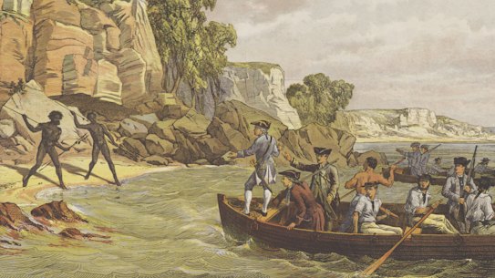 A lithograph depicting Indigenous Australians and the arrival of Cook and his crew, titled "Captain Cook's Landing at Botany, AD 1770".