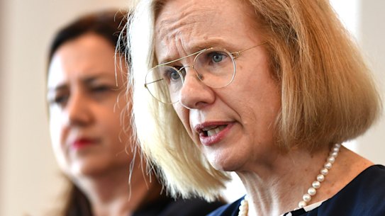 Queensland Chief Health Officer Dr Jeannette Young (right), joined by Queensland Premier Annastacia Palaszczuk, speaks to the media after a meeting of the Health and Safety Cabinet Committee to discuss the Coronavirus in Brisbane, Monday, March 2, 2020.