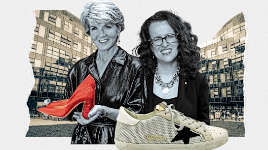 ANU’s Julie Bishop and Genevieve Bell with their controversial shoes