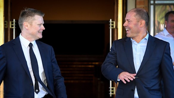 Former Treasurer Josh Frydenberg with Keith Wolahan after the latter won a preselection contest in January 2021.