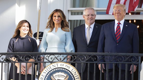Jenny Morrison, Melania Trump, Scott Morrison and Donald Trump during a ceremonial welcome for the Australian White House guests. 