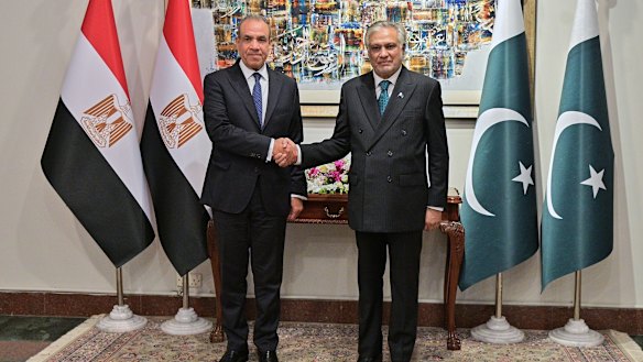 In this photo released by the Pakistan Ministry of Foreign Affairs, Egyptian Foreign Minister Badr Abdelatty, left, shakes hands with Pakistan’s Foreign Minister Ishaq Dar prior to their meeting in Islamabad on Sunday.