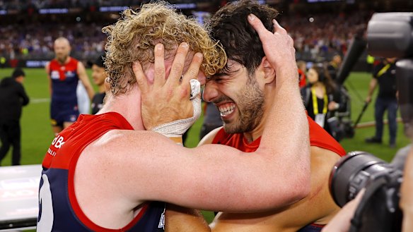 Melbourne stars Clayton Oliver and Christian Petracca after their side’s grand final win in Perth.