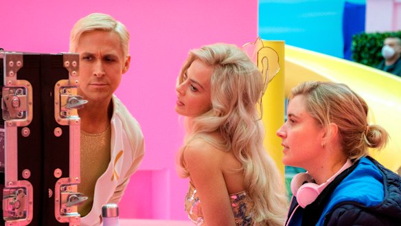 Ryan Gosling, nominated for best supporting actor, on set with Margot Robbie and director Greta Gerwig, who missed out on best actress and best director nominations.