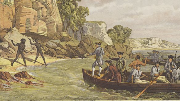 History, but from whose perspective? A lithograph depicting the arrival of the Endeavour, titled Captain Cook’s Landing at Botany Bay in 1770.