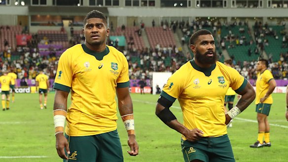 Isi Naisarani and Marika Koroibete at the 2019 Rugby World Cup in Japan. 