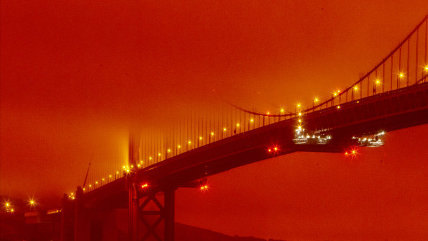 California’s wildfires sent San Francisco’s Golden Gate Bridge into daytime darkness on September 9. The state is in the midst of its worst wildfire season on record.