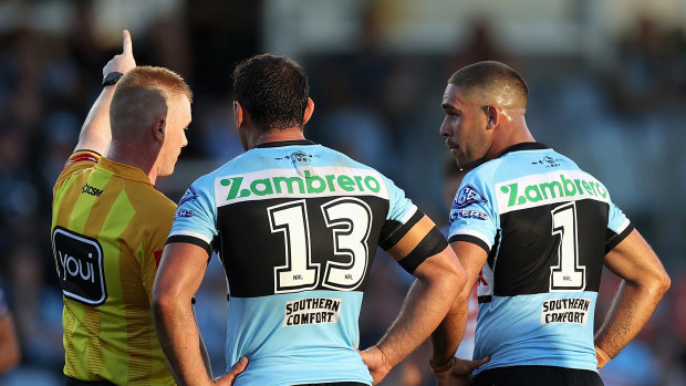 Sharks fullback Will Kennedy is sent off by referee Todd Smith,