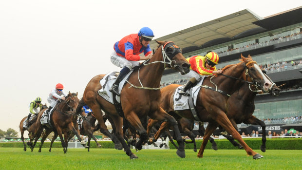 Rachel King rides Quackerjack to the line in the Villiers Stakes at Randwick.