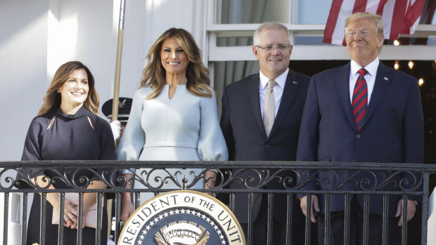 Jenny Morrison, Melania Trump, Scott Morrison and Donald Trump during a ceremonial welcome for the Australian White House guests. 