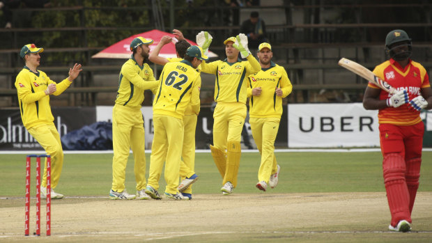 Long walk: Australia celebrate the wicket of Zimbabwean batsman Hamilton Masakadza.