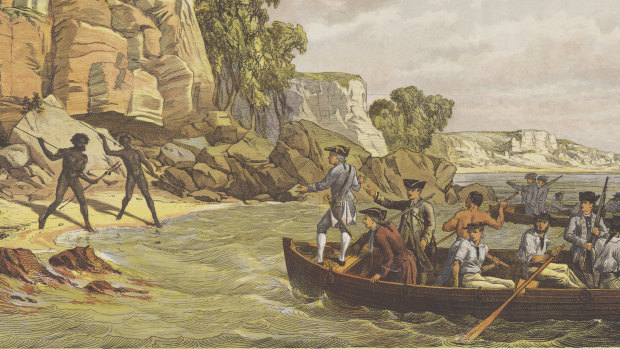 History, but from whose perspective? A lithograph depicting the arrival of the Endeavour, titled Captain Cook’s Landing at Botany Bay in 1770.
