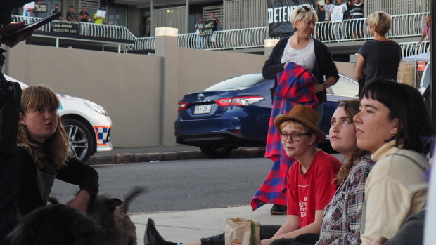 Refugee advocates blockade the Kangaroo Point motel where refugees are being held last month.