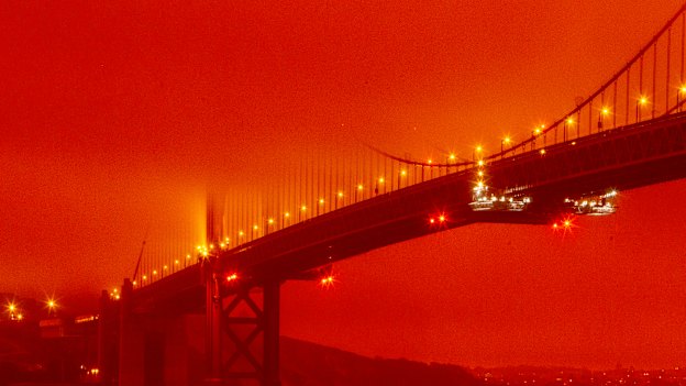 California’s wildfires sent San Francisco’s Golden Gate Bridge into daytime darkness on September 9.