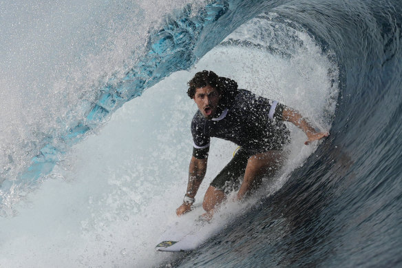 Joao Chianca, of Brazil, in the barrel at Teahupo’o, Tahiti, on a training day ahead the 2024 Summer Olympics surfing.